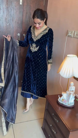 Classic Navy Blue Color Viscos Velvet Thread With Rivet Moti Work Designer Salwar Suit