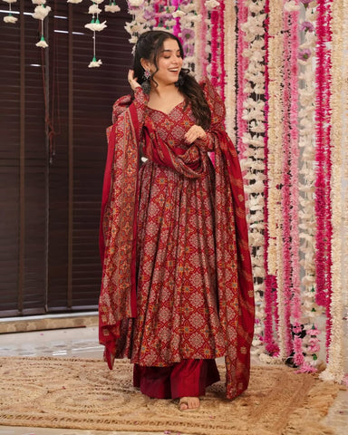 Wedding Wear Maroon Color Pure Soft Cotton Printed Anarkali Palazzo Suit