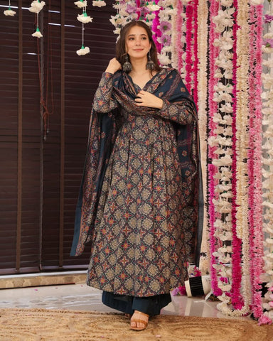 Wedding Wear Black Color Pure Soft Cotton Printed Anarkali Palazzo Suit