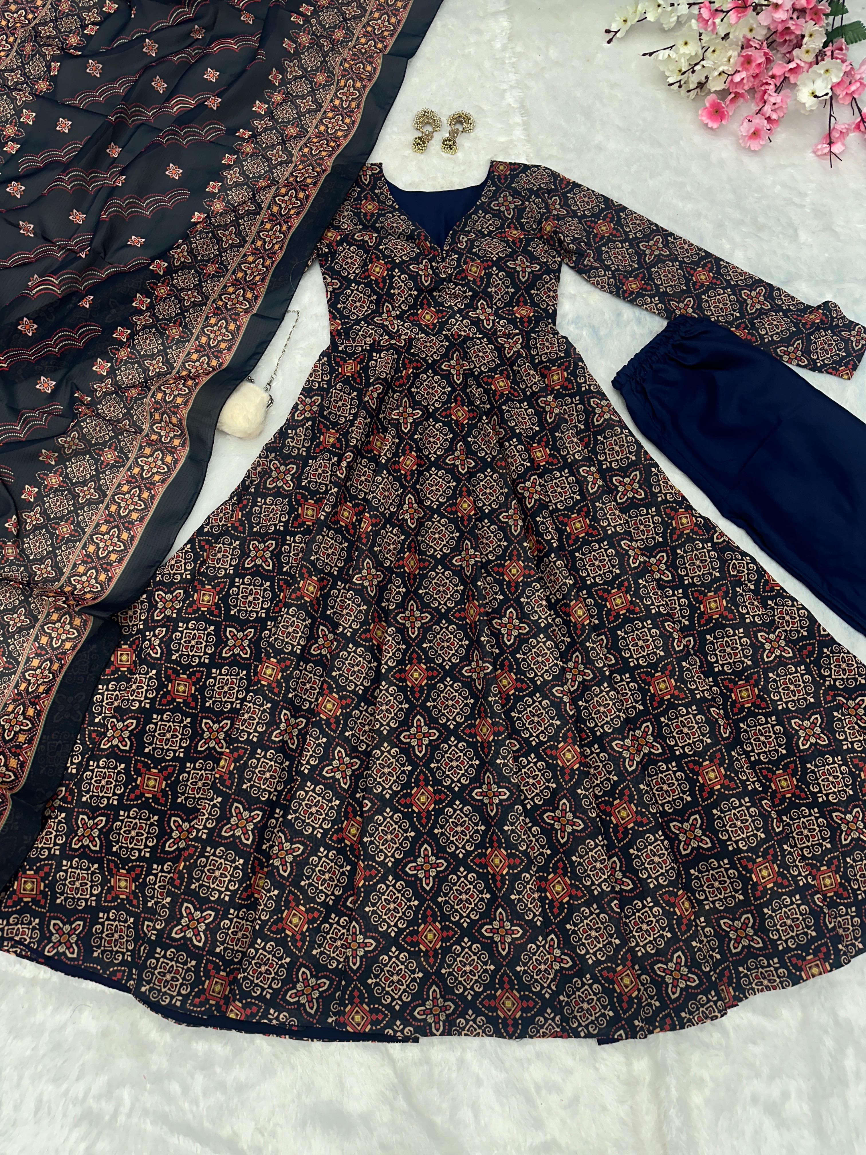 Wedding Wear Black Color Pure Soft Cotton Printed Anarkali Palazzo Suit