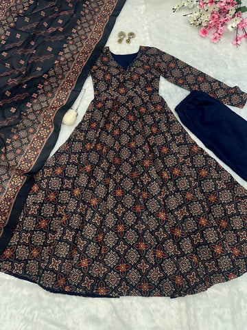 Wedding Wear Black Color Pure Soft Cotton Printed Anarkali Palazzo Suit