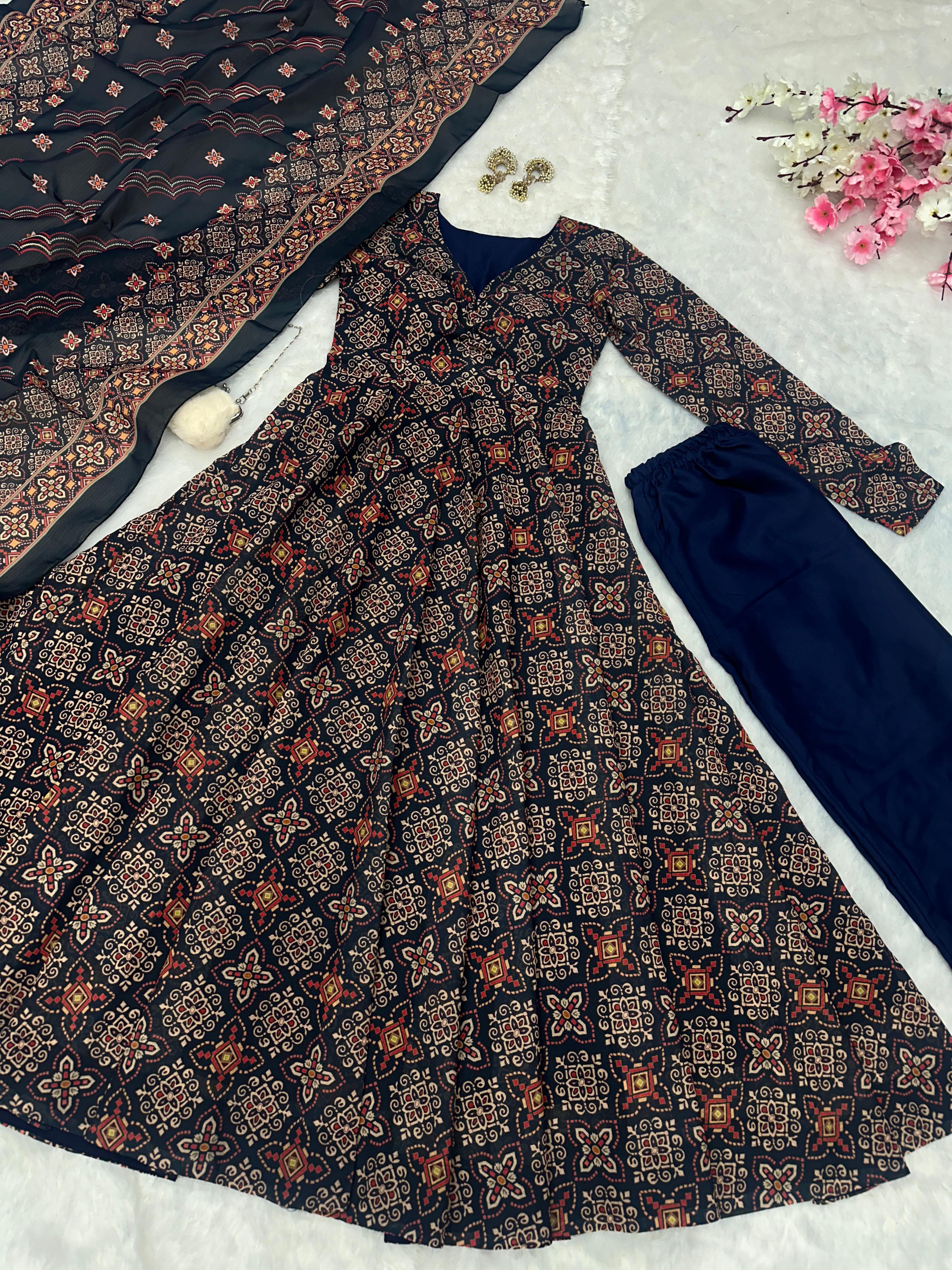 Wedding Wear Black Color Pure Soft Cotton Printed Anarkali Palazzo Suit