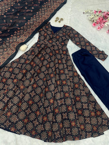 Wedding Wear Black Color Pure Soft Cotton Printed Anarkali Palazzo Suit
