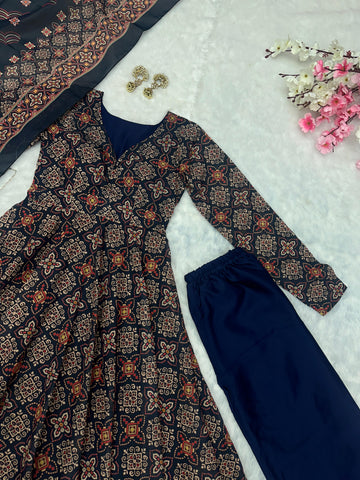 Wedding Wear Black Color Pure Soft Cotton Printed Anarkali Palazzo Suit