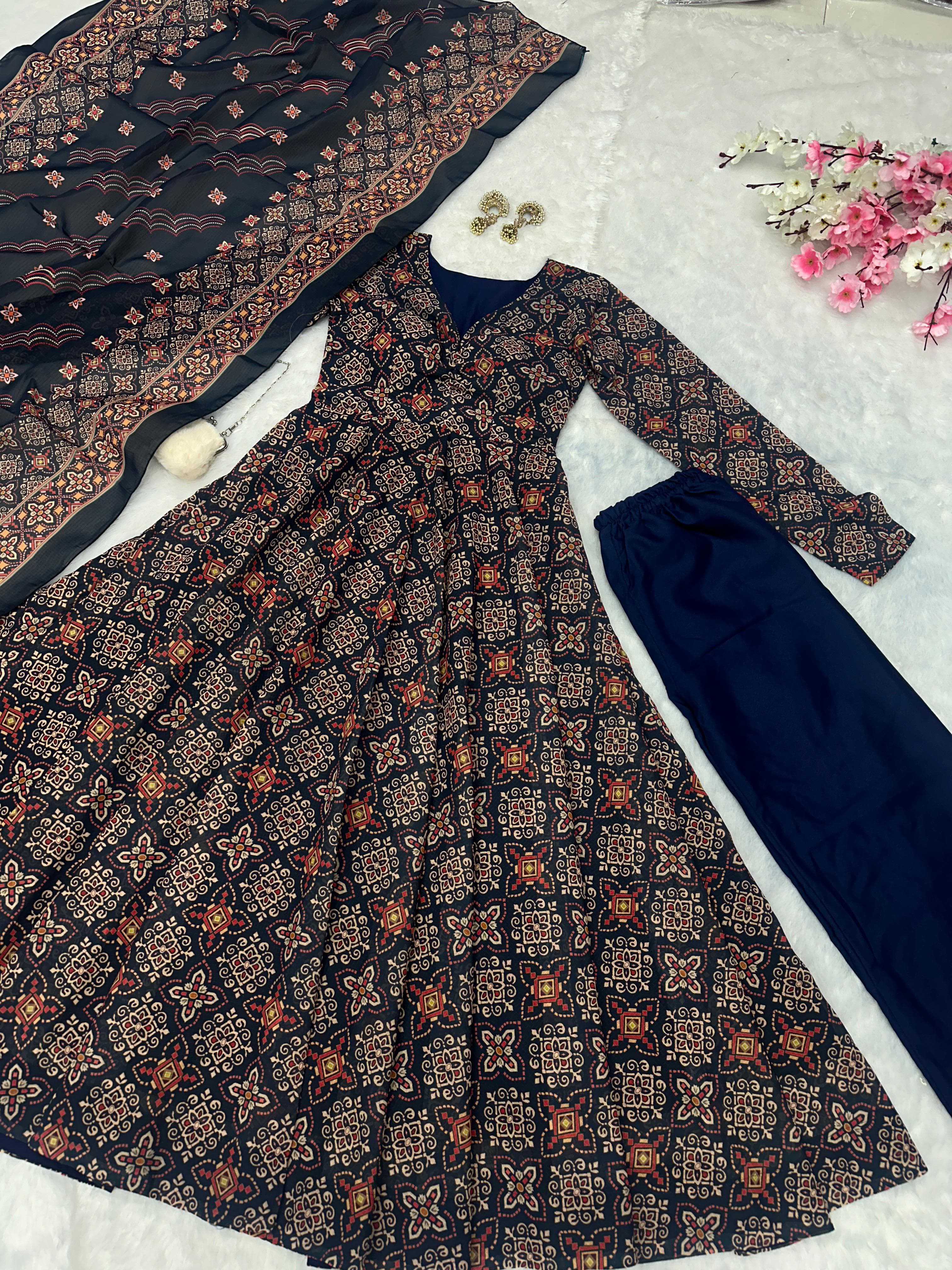 Wedding Wear Black Color Pure Soft Cotton Printed Anarkali Palazzo Suit