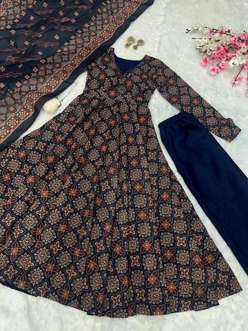 Wedding Wear Black Color Pure Soft Cotton Printed Anarkali Palazzo Suit