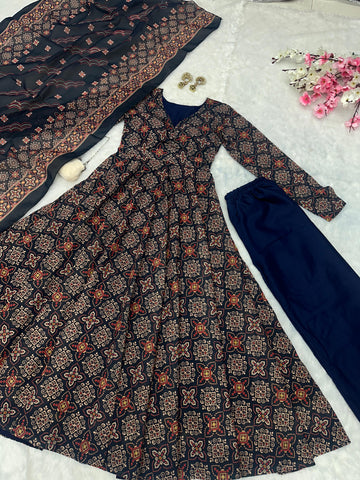 Wedding Wear Black Color Pure Soft Cotton Printed Anarkali Palazzo Suit
