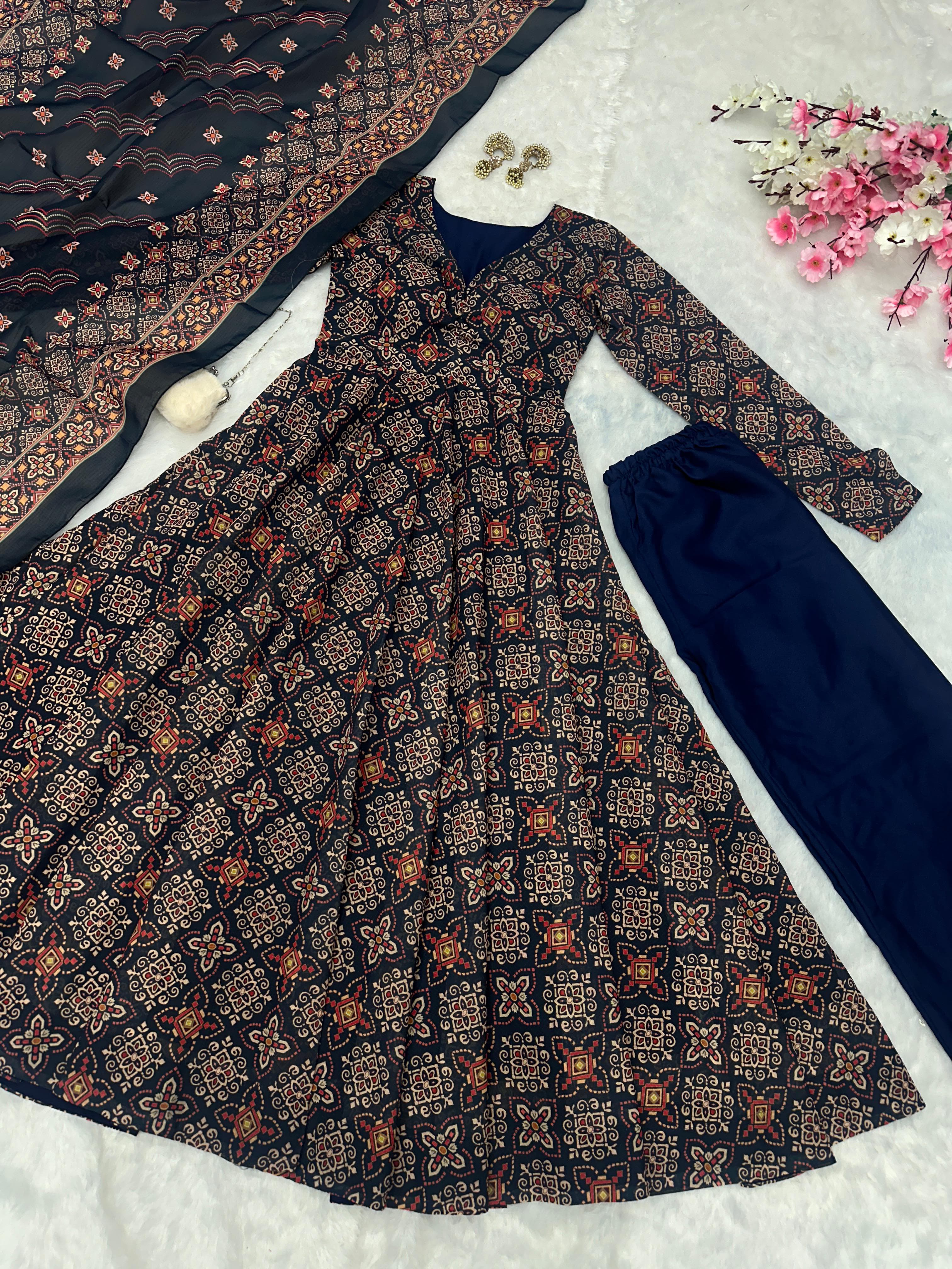 Wedding Wear Black Color Pure Soft Cotton Printed Anarkali Palazzo Suit