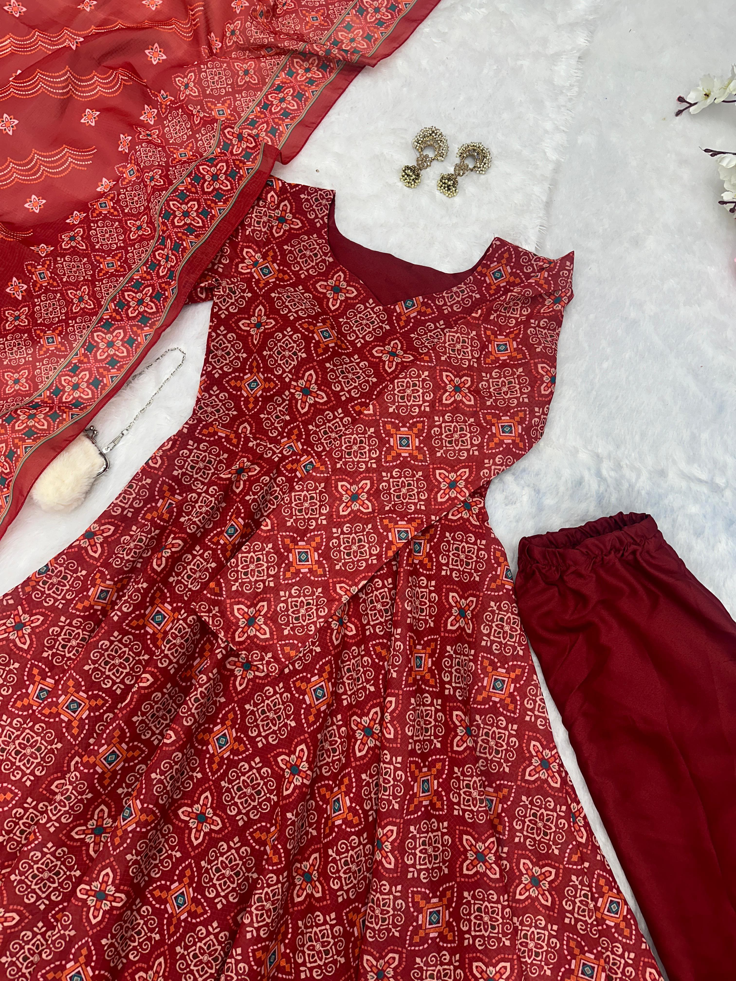 Wedding Wear Maroon Color Pure Soft Cotton Printed Anarkali Palazzo Suit