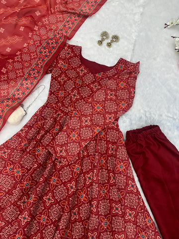 Wedding Wear Maroon Color Pure Soft Cotton Printed Anarkali Palazzo Suit
