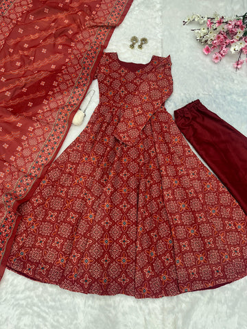 Wedding Wear Maroon Color Pure Soft Cotton Printed Anarkali Palazzo Suit