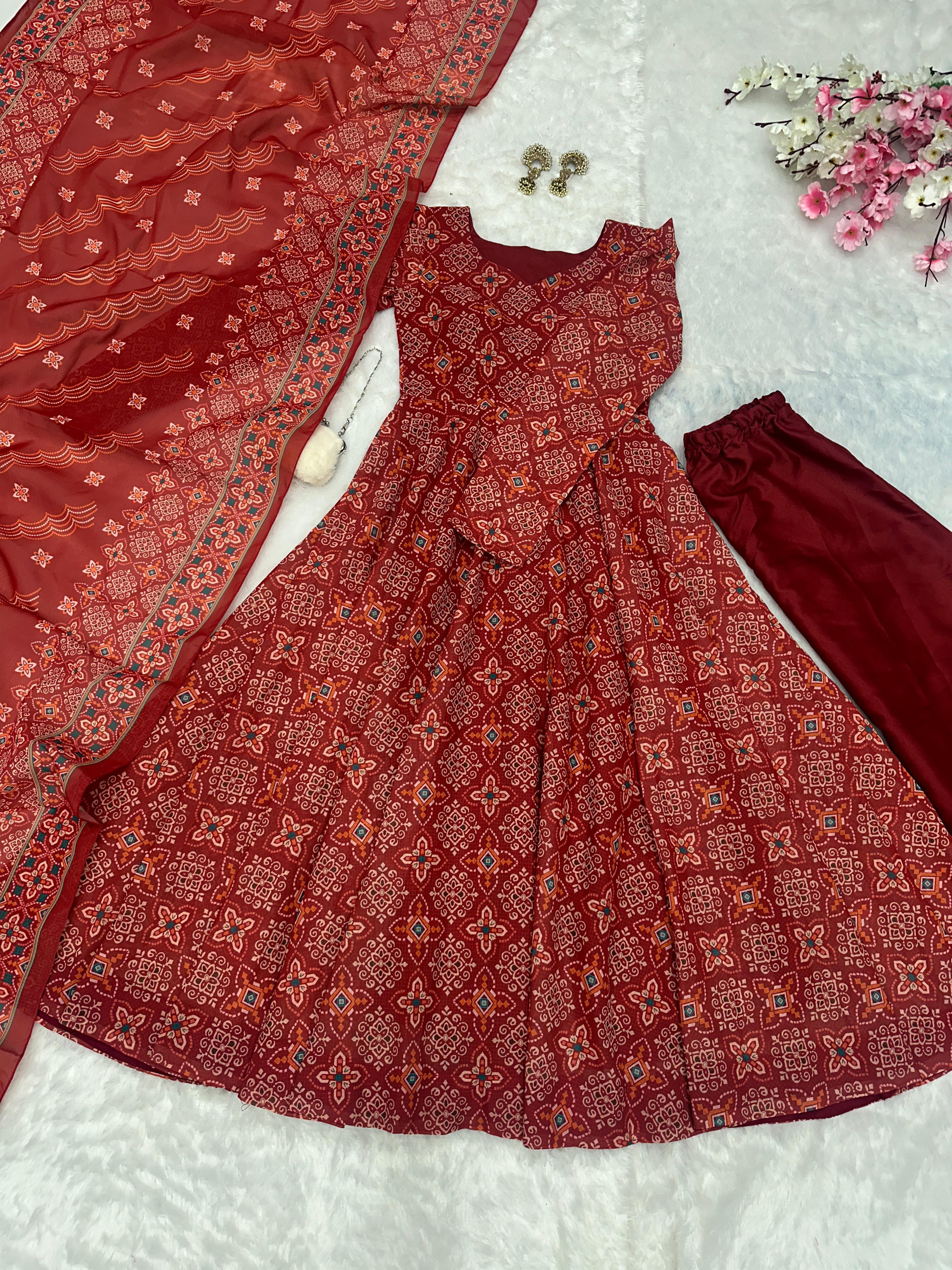 Wedding Wear Maroon Color Pure Soft Cotton Printed Anarkali Palazzo Suit
