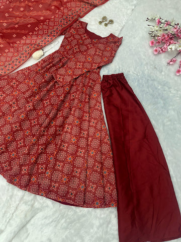 Wedding Wear Maroon Color Pure Soft Cotton Printed Anarkali Palazzo Suit