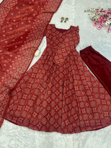 Wedding Wear Maroon Color Pure Soft Cotton Printed Anarkali Palazzo Suit
