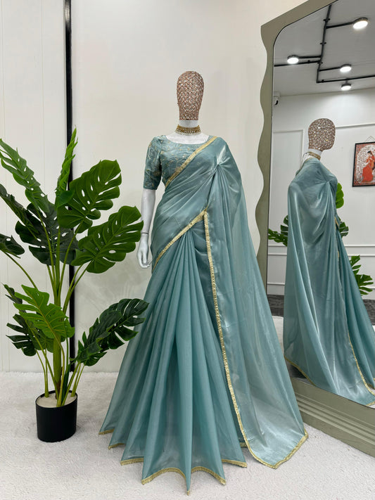Fashionable Sky Blue Heavy Jimmy Chu Fancy Lace With Sequence Work Designer Saree