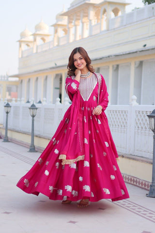 Ceremony Wear Pink Color Faux Georgette Heavy 3mm Sequence Embroidery Work Designer Gown