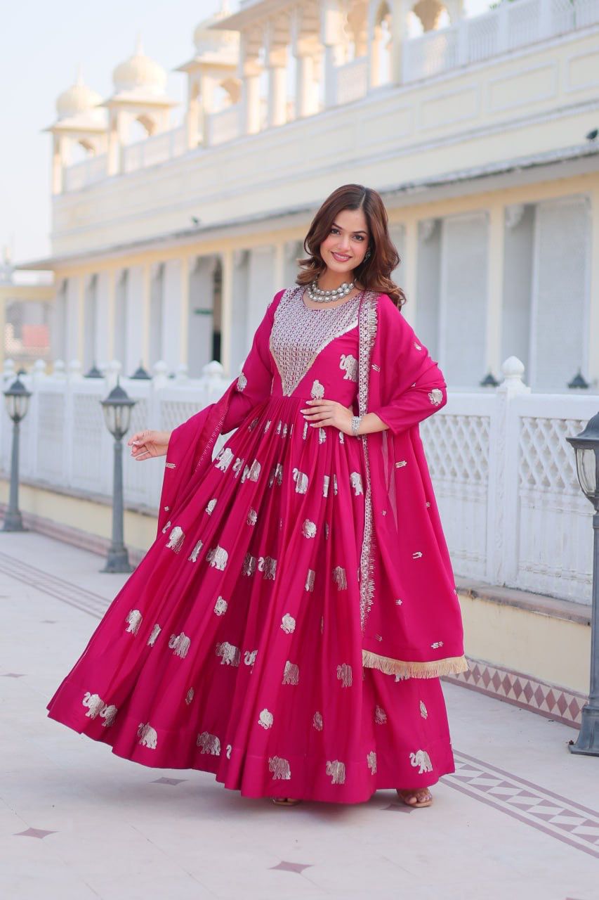 Ceremony Wear Pink Color Faux Georgette Heavy 3mm Sequence Embroidery Work Designer Gown