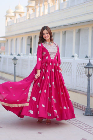 Ceremony Wear Pink Color Faux Georgette Heavy 3mm Sequence Embroidery Work Designer Gown