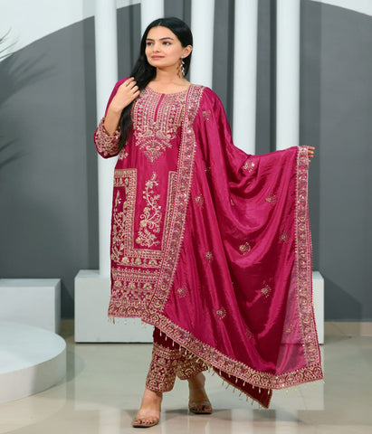 Latest Pink Color Chinon And Coding Sequence Embroidery Work Designer Salwar Suit