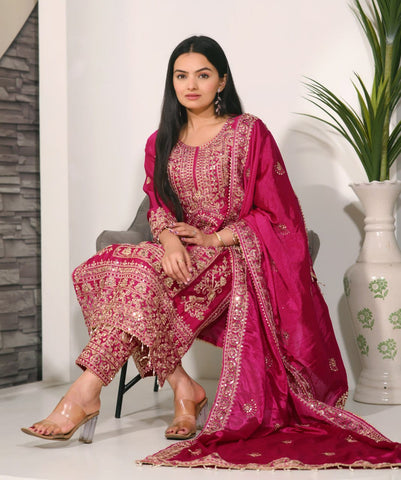 Latest Pink Color Chinon And Coding Sequence Embroidery Work Designer Salwar Suit