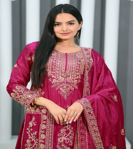 Latest Pink Color Chinon And Coding Sequence Embroidery Work Designer Salwar Suit