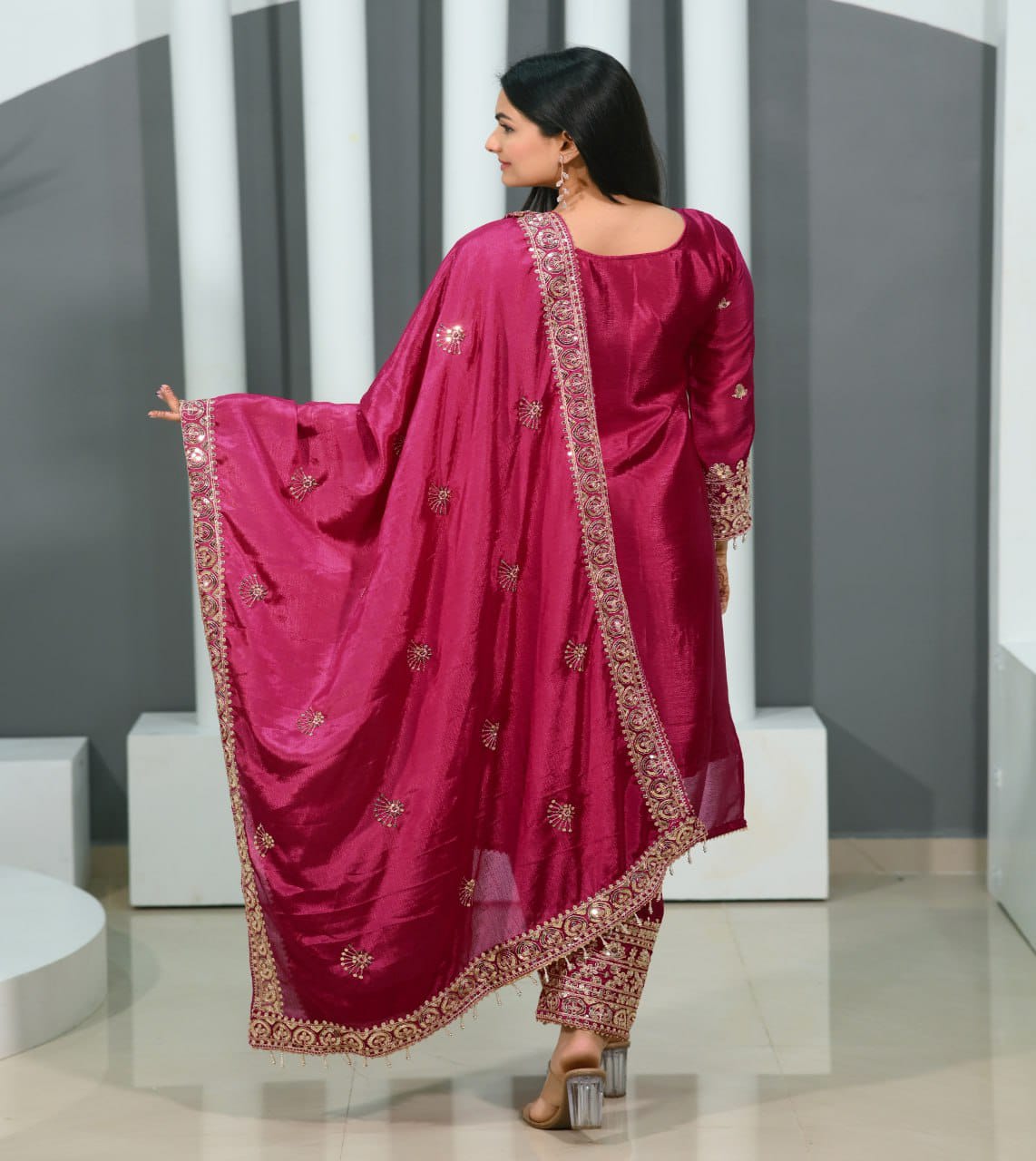 Latest Pink Color Chinon And Coding Sequence Embroidery Work Designer Salwar Suit