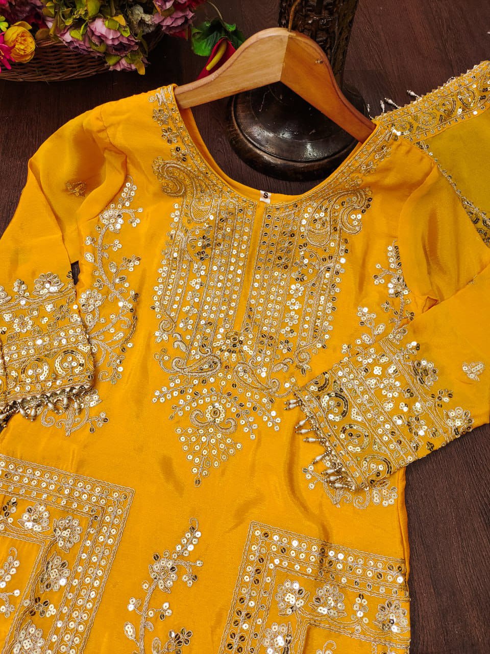 Latest Yellow Color Chinon And Coding Sequence Embroidery Work Designer Salwar Suit