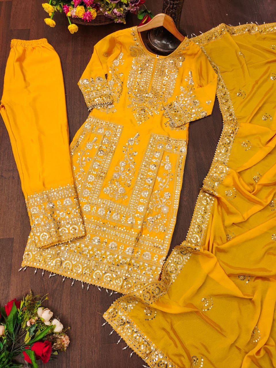 Latest Yellow Color Chinon And Coding Sequence Embroidery Work Designer Salwar Suit
