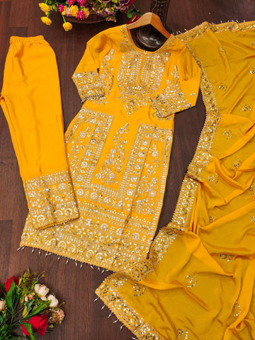 Latest Yellow Color Chinon And Coding Sequence Embroidery Work Designer Salwar Suit