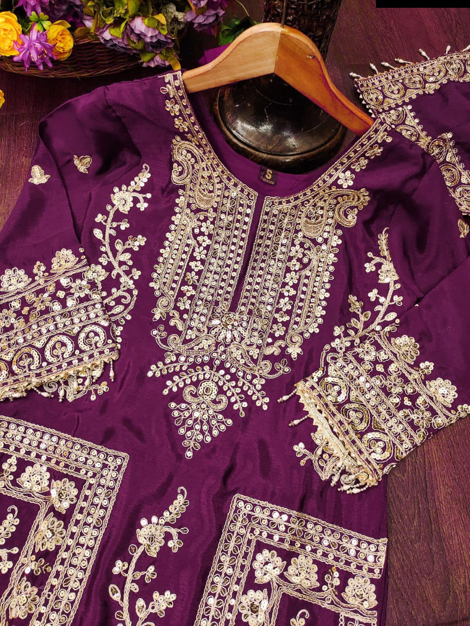 Latest Wine Color Chinon And Coding Sequence Embroidery Work Designer Salwar Suit