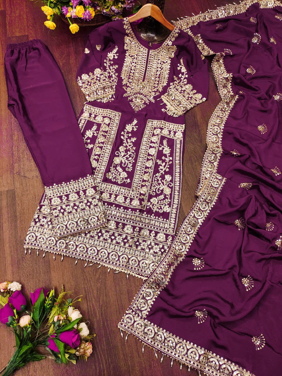 Latest Wine Color Chinon And Coding Sequence Embroidery Work Designer Salwar Suit