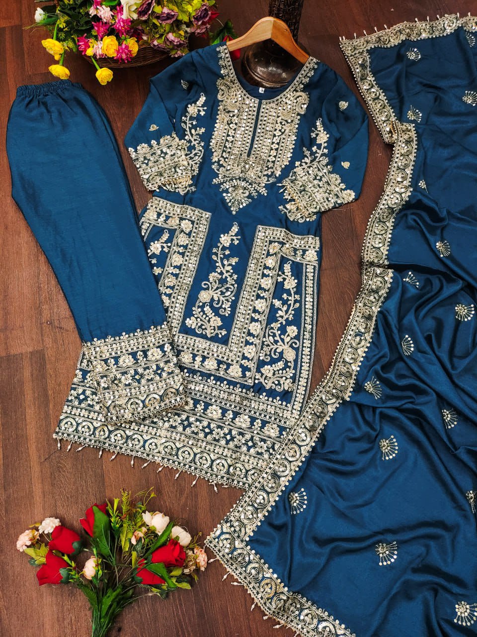 Latest Teal Green Color Chinon And Coding Sequence Embroidery Work Designer Salwar Suit