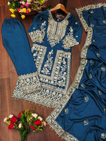 Latest Teal Green Color Chinon And Coding Sequence Embroidery Work Designer Salwar Suit
