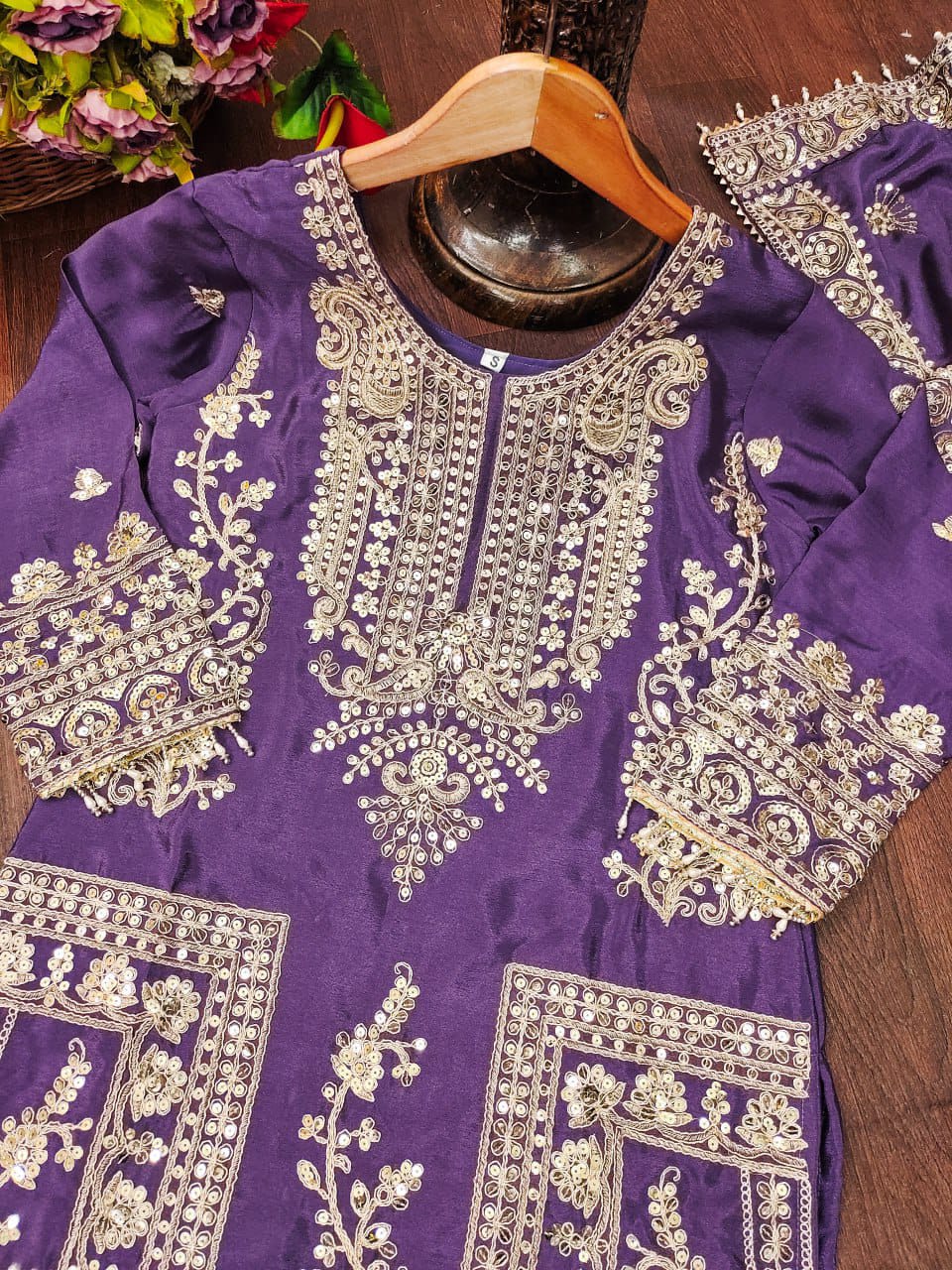 Latest Purple Color Chinon And Coding Sequence Embroidery Work Designer Salwar Suit