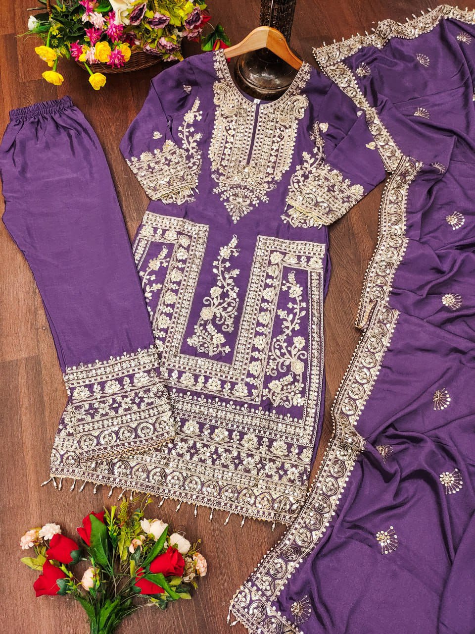 Latest Purple Color Chinon And Coding Sequence Embroidery Work Designer Salwar Suit