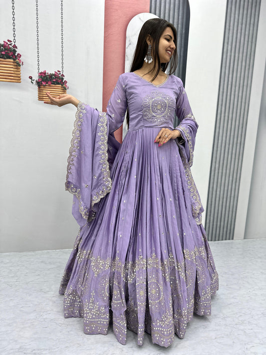 Classy Lavender Color Pure Chinon And Heavy Embroidery 7mm Sequence Work Designer Gown