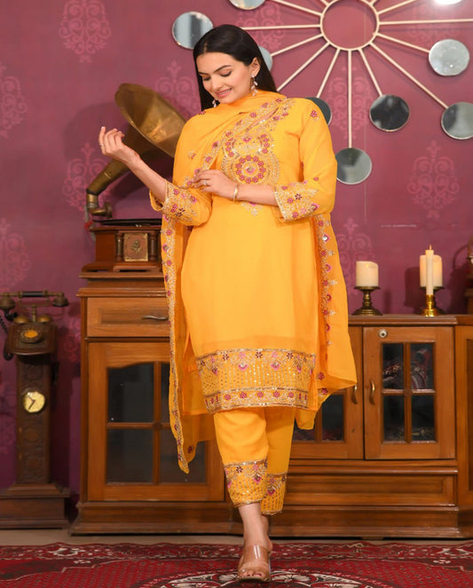 Haldi Wear Yellow Color Faux Georgette And Sequence Embroidery Work Beautiful Salwar Suit