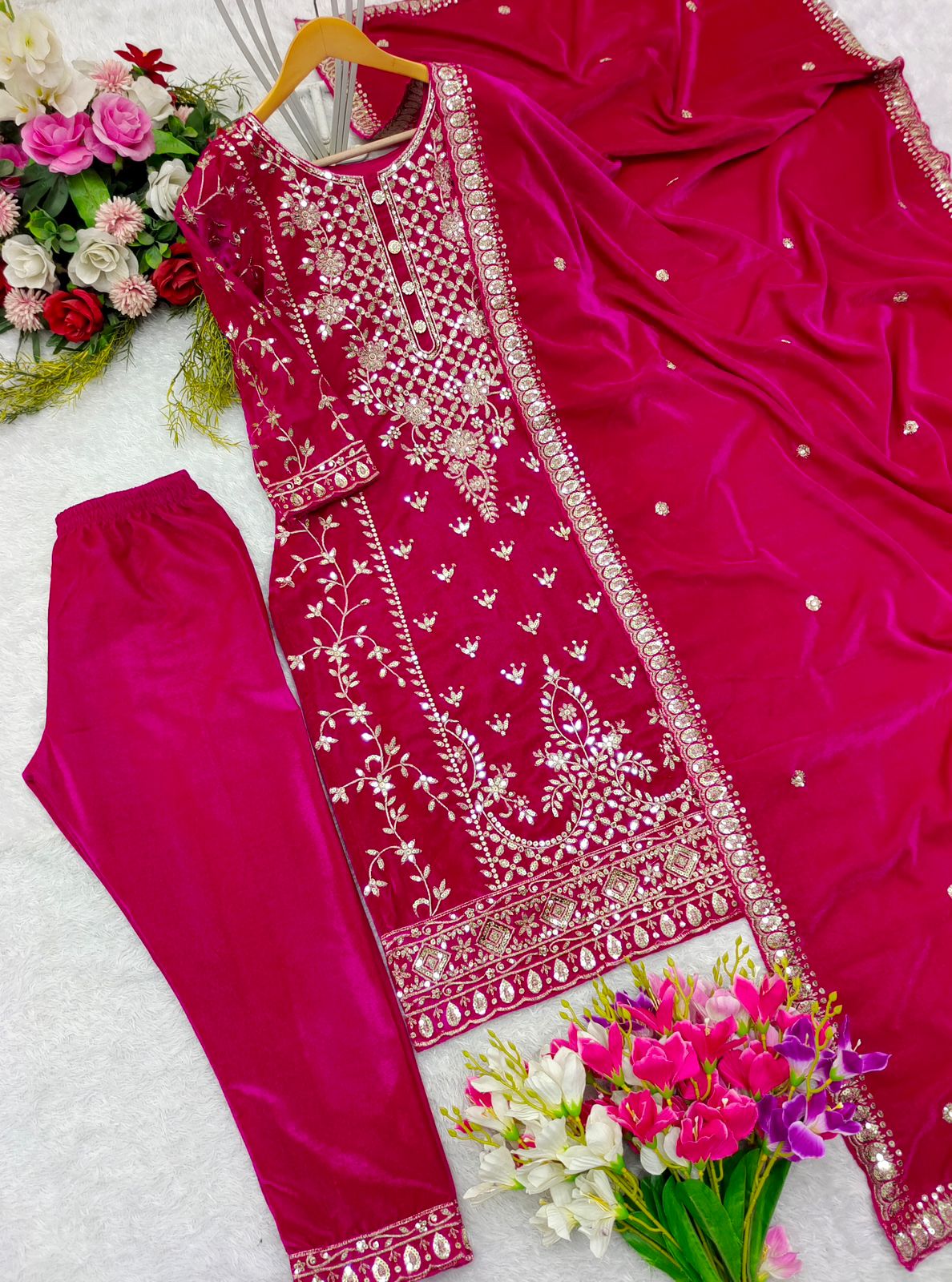 Engagement Wear Pink Color Pure Viscous Velvet With Heavy Embroidery 5mm Sequence Work Velvet Suit