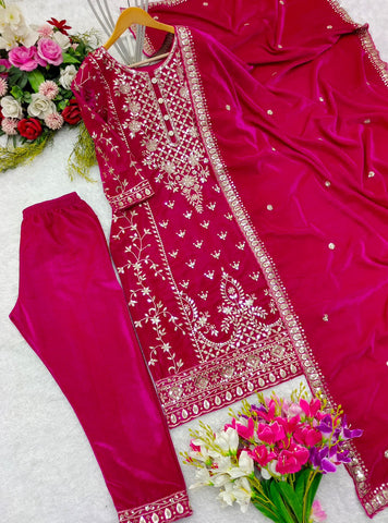 Engagement Wear Pink Color Pure Viscous Velvet With Heavy Embroidery 5mm Sequence Work Velvet Suit