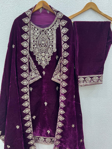 Alluring Wine Color Pure Heavy Viscose Velvet With Heavy Embroidery Sequence Work Salwar Suit