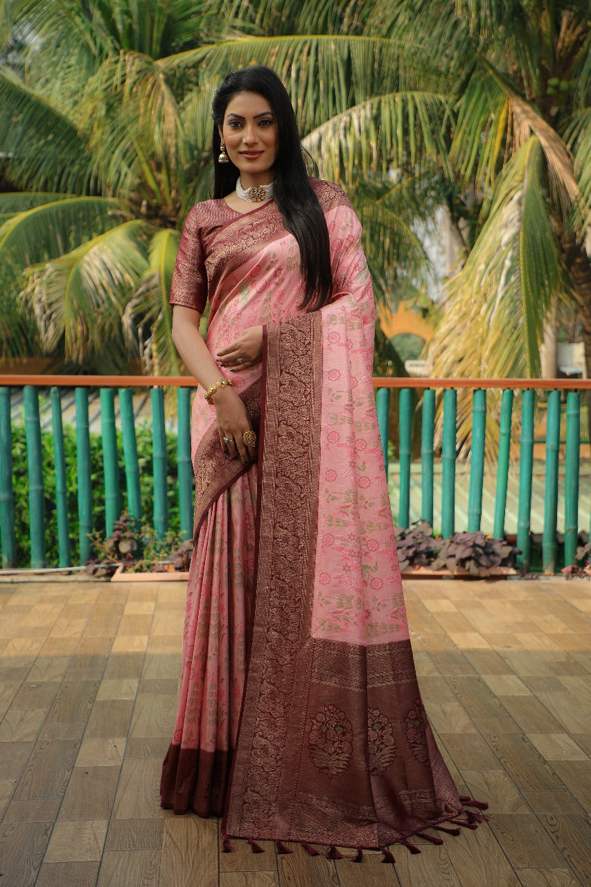 Wedding Wear Pink Color And Weaving With Pure Original Kanjivaram Soft Silk Saree