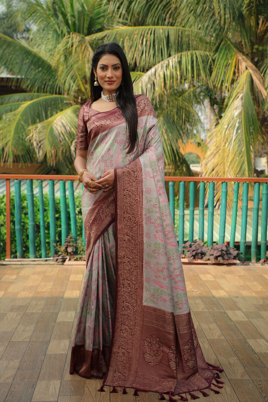 Wedding Wear Grey Color And Weaving With Pure Original Kanjivaram Soft Silk Saree