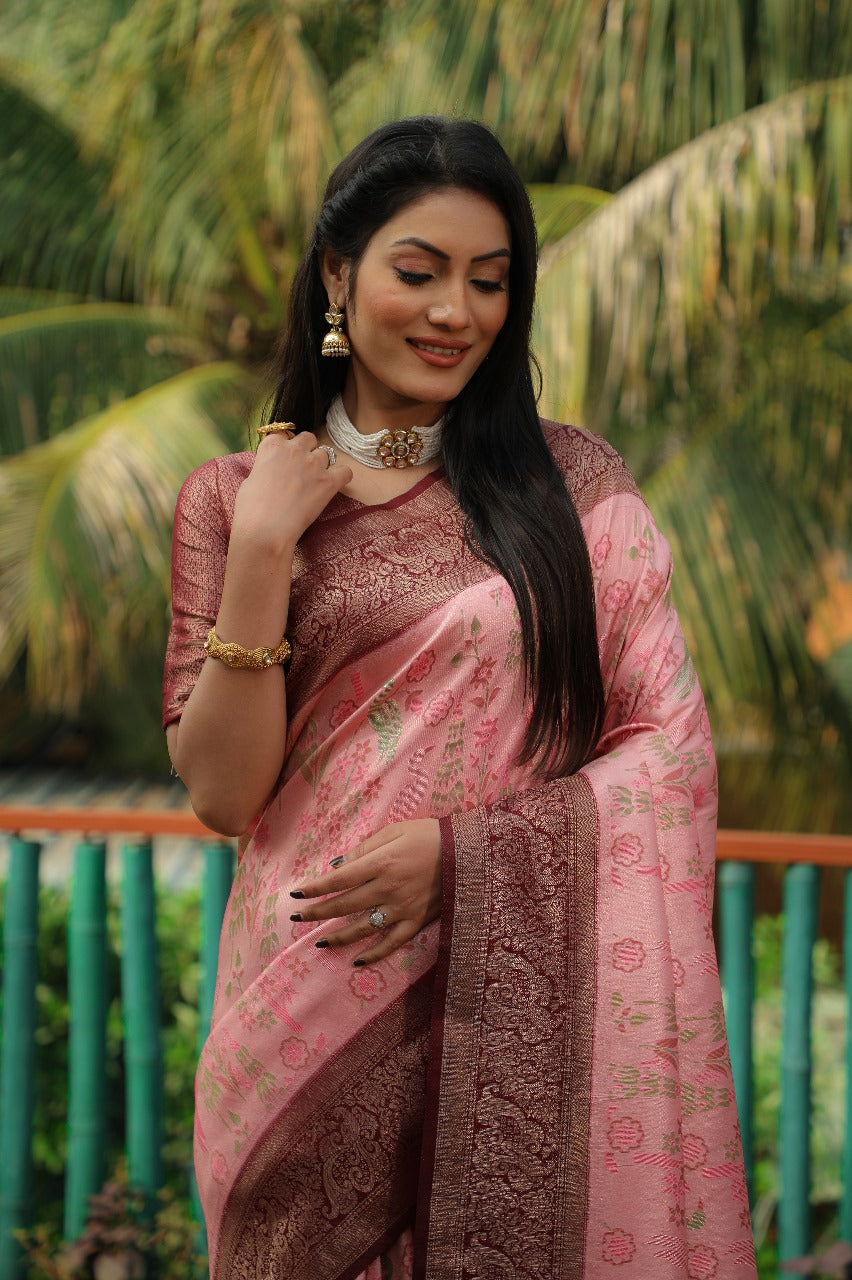 Wedding Wear Pink Color And Weaving With Pure Original Kanjivaram Soft Silk Saree