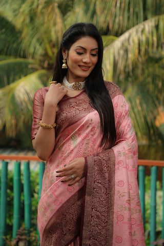 Wedding Wear Pink Color And Weaving With Pure Original Kanjivaram Soft Silk Saree