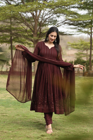 Elegant Coffee Color Georgette Fabric With 3mm Sequins Embroidery Work Designer Anarkali Suit
