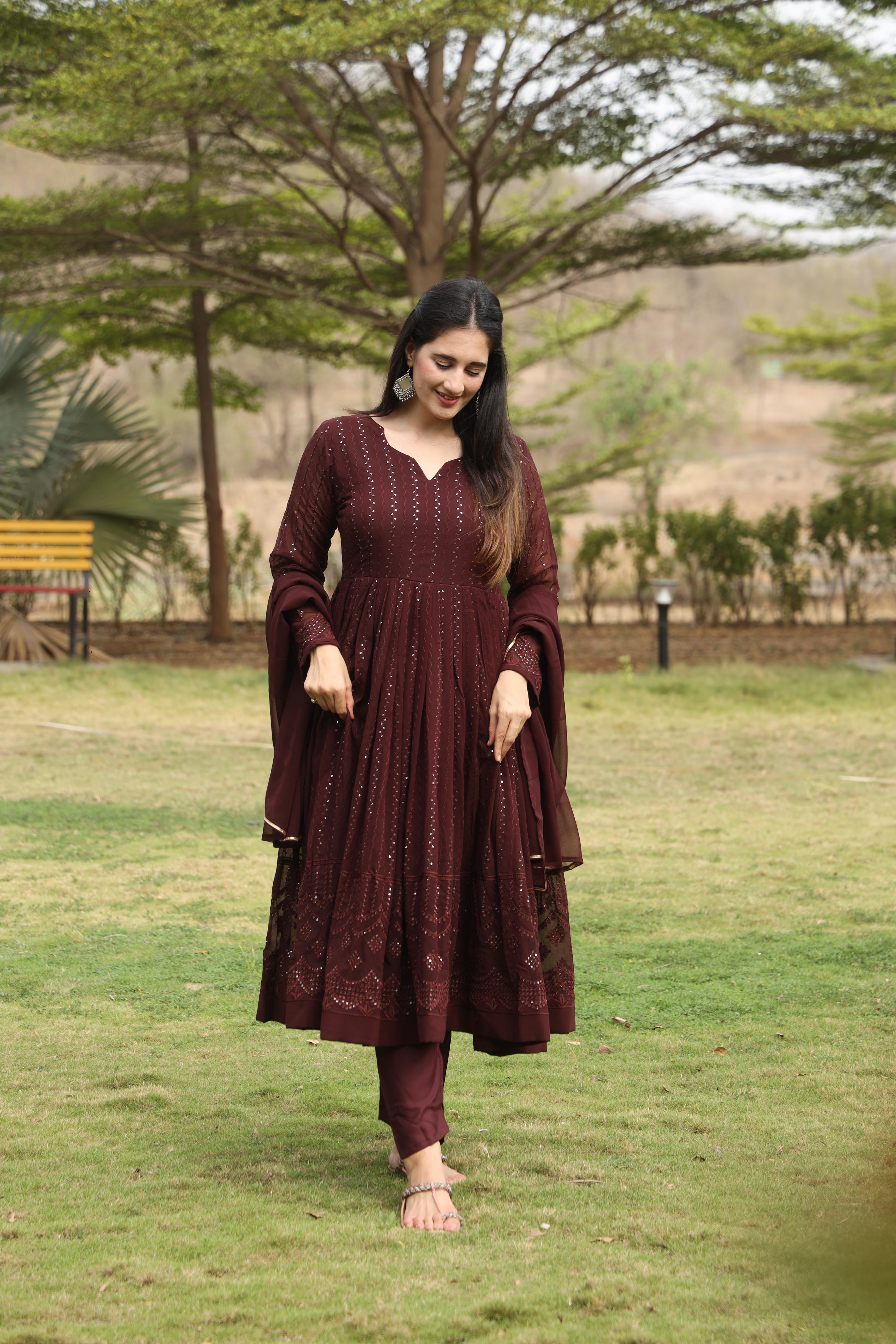 Elegant Coffee Color Georgette Fabric With 3mm Sequins Embroidery Work Designer Anarkali Suit