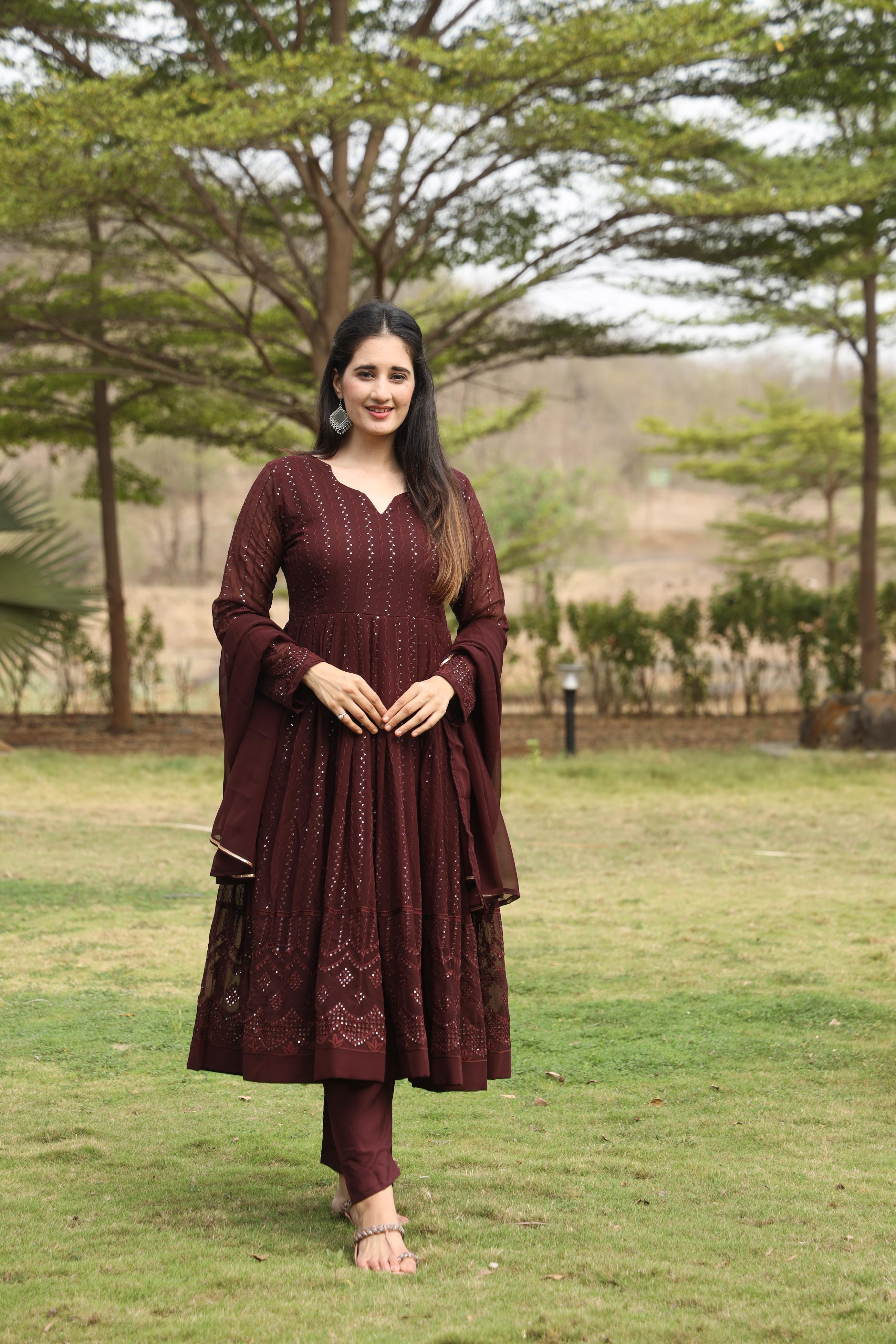 Elegant Coffee Color Georgette Fabric With 3mm Sequins Embroidery Work Designer Anarkali Suit