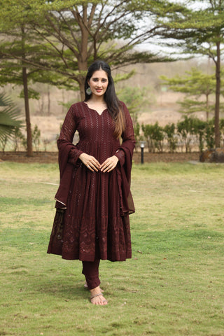 Elegant Coffee Color Georgette Fabric With 3mm Sequins Embroidery Work Designer Anarkali Suit