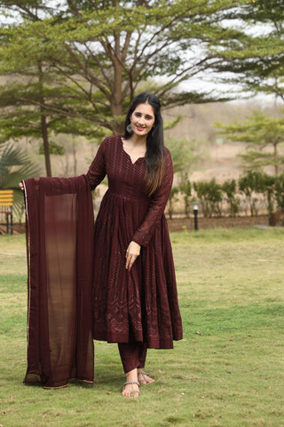 Elegant Coffee Color Georgette Fabric With 3mm Sequins Embroidery Work Designer Anarkali Suit