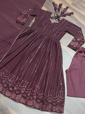 Elegant Coffee Color Georgette Fabric With 3mm Sequins Embroidery Work Designer Anarkali Suit